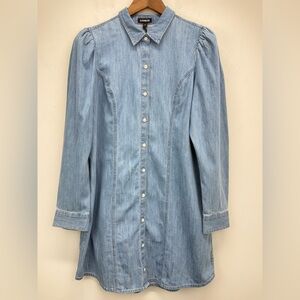 Express Sz Large Womens Blue Denim Puff Sleeve Button Front Mini Shirt Dress NWT